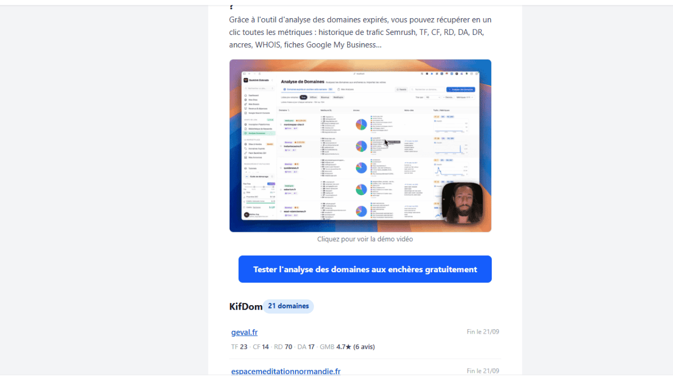 Outil d’analyse des domaines expirés dans LinkQuiver, avec les métriques SEO et le lien vers la démo vidéo