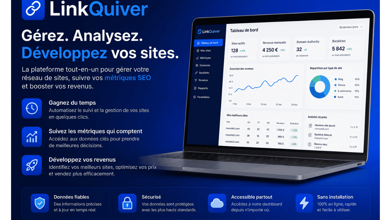 Présentation de LinkQuiver : gérer, analyser et développer ses sites depuis un seul tableau de bord