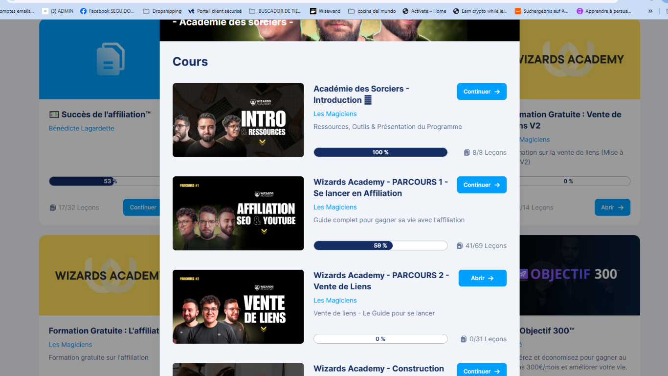 Ma progression actuelle dans les cours de Wizards Academy