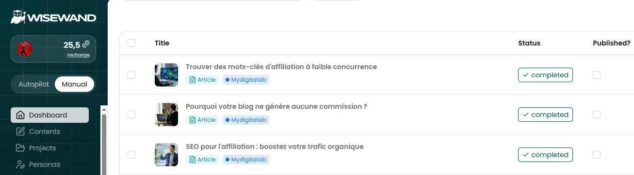 Liste de contenus générés dans Wisewand pour le projet MyDigitalSib
